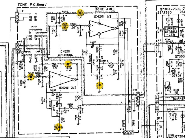 Luxman LV-105 schematic detail tone amp capacitors marked