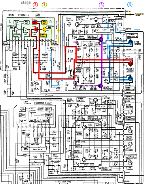 Luxman LV-113 Schematic Detail Power Amps And Protection Stages Marked