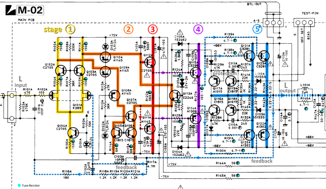 Luxman M-02 schematic detail left power amp stages marked v2