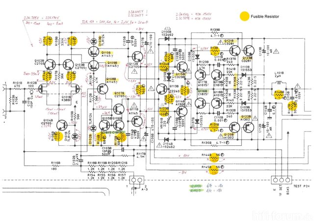 Luxman M-02 Schematic with voltage and fusible resistors marked 222650