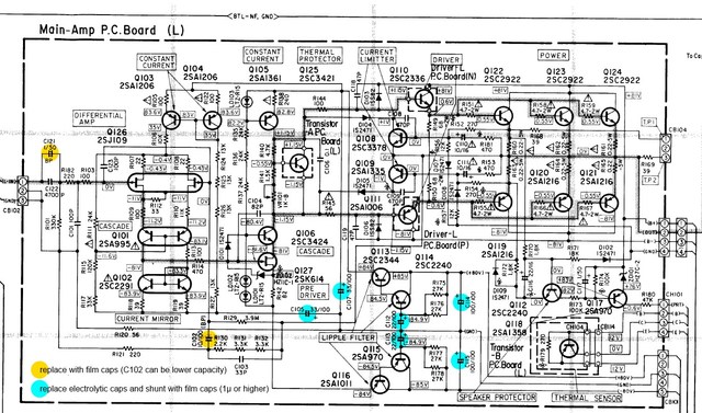 Luxman M-03 schematic detail left power amp circuit with capacitors marked recap