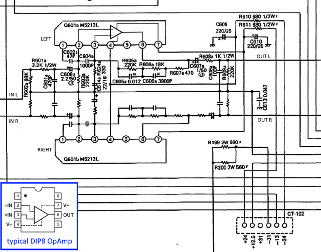 Luxman R-5030 schematic detail phono equalizer pre defective opamp Mitsubishi M5213L SIL8 replacemen