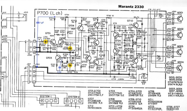 Marantz 2330 schematic detail power amp signal and shunt capacitors