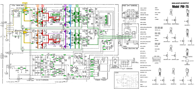 Marantz PM-75 schematic detail power amp and voltage regulator and protection circuit stages marked