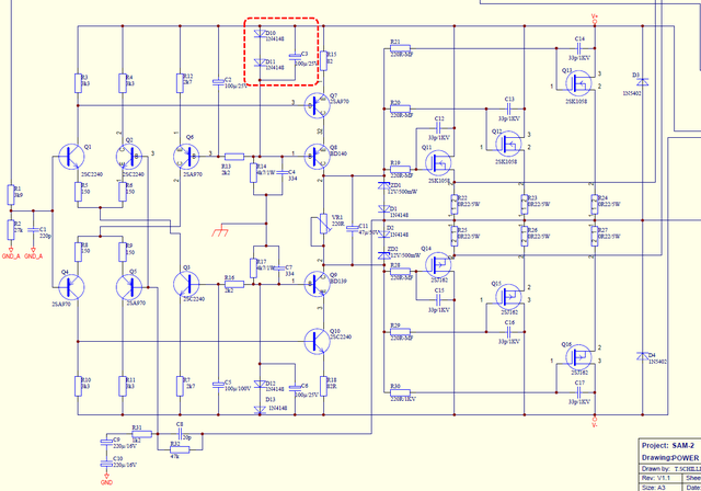 Monacor SAM-2 schematic detail power amp C3 and diodes marked