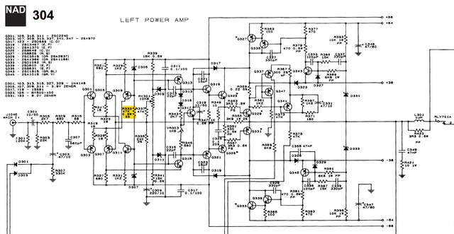 NAD 304 Schematic Detail Left Power Amp Faulty Resistor R333 R334 Marked