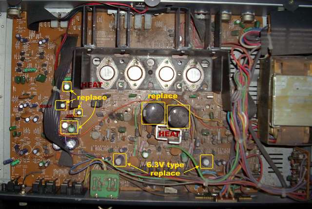 NAD 3225PE inside picture showing heat damage recap electrolytics Elkos