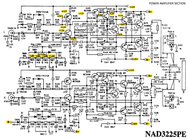 NAD 3225PE schematics detail power amps voltages marked