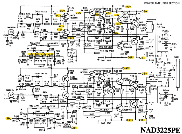 NAD 3225PE Schematics Detail Power Amps Voltages Marked