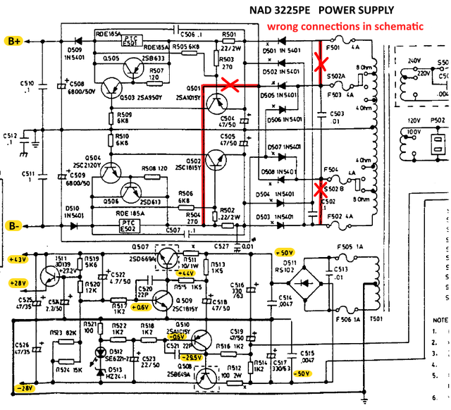 NAD 3225PE schematics detail power supply section wrong connections in diagram errata