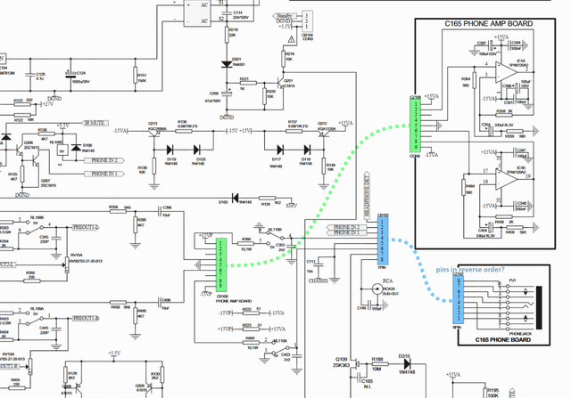 NAD C165BEE schematic detail headphone amp HP output