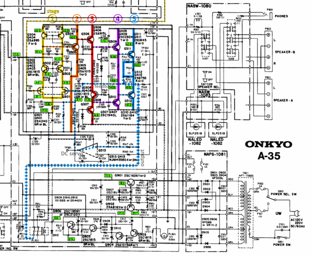 Onkyo A 35 Schematic Detail Power Amp And Power Supply Stages Marked