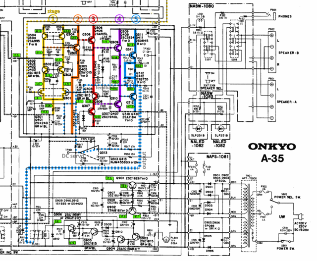 Onkyo A-35 schematic detail power amp and power supply stages marked