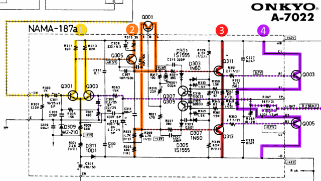Onkyo A-7022 Schematic Detail Left Power Amp Stages Marked