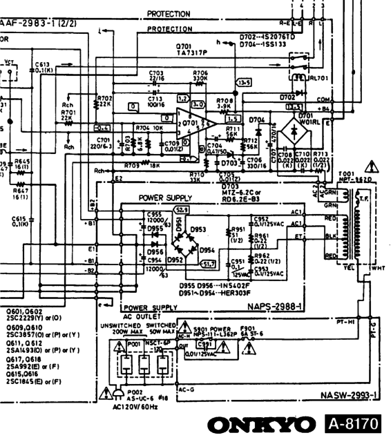 Onkyo A-8170 and A-8450 schematic detail protection circuit TA7317P and main power supply