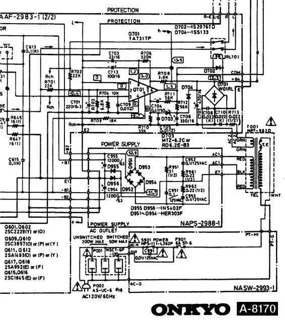 Onkyo A-8170 And A-8450 Schematic Detail Protection Circuit TA7317P And Main Power Supply