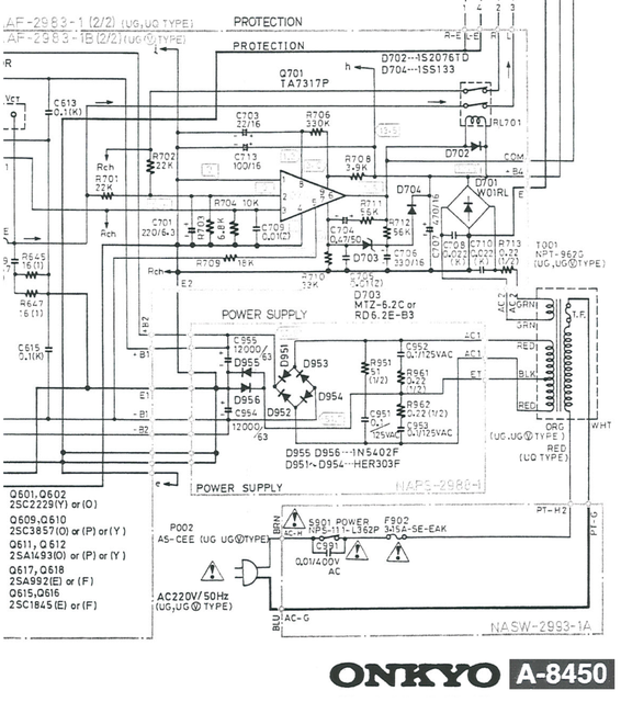 Onkyo A-8450 schematic detail protection circuit TA7317P and main power supply v02