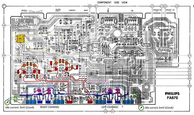 Philips FA670 Main PCB Layout Left And Right Power Amplifier Stages Marked
