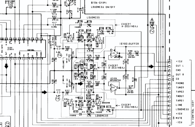 Pioneer A-103 A-203 schematic detail loudness circuit