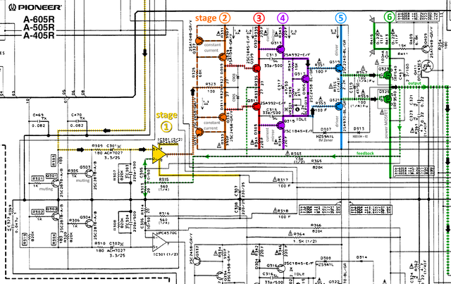 Pioneer A-605R A-505R A-405R schematic detail left power amp stages marked