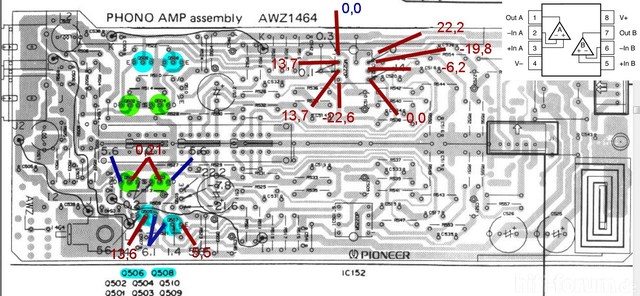 Pioneer A-616 PCB layout detail Phono amp measurements marked