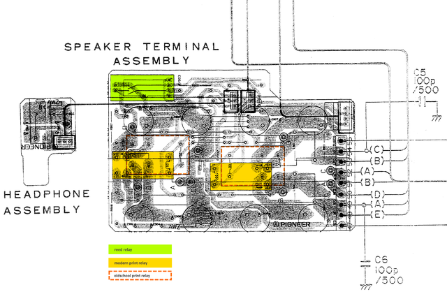 Pioneer A-616 PCB layout speaker terminal and relays marked