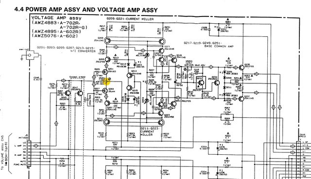 Pioneer A-702R schematic detail power amp voltage amplifier assembly offset adjustment marked