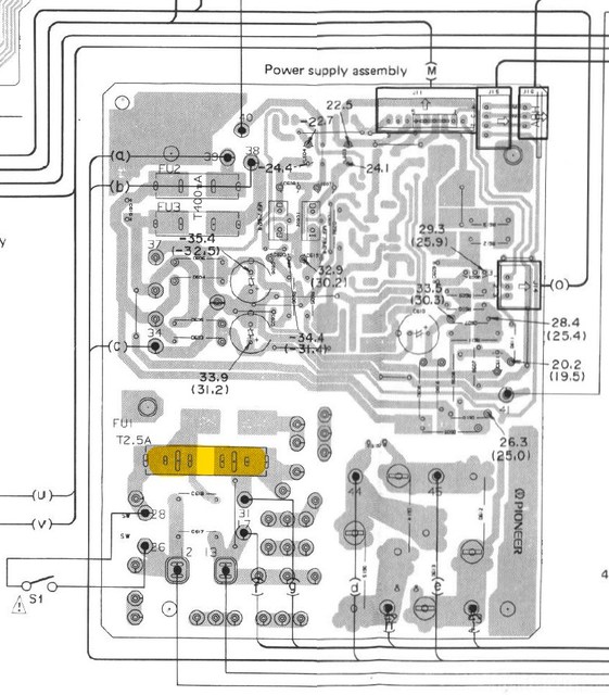 Pioneer-A616 PCB layout power supply fuses _marked