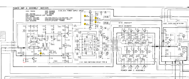 Pioneer M-90 schematic detail left power amp marked recap
