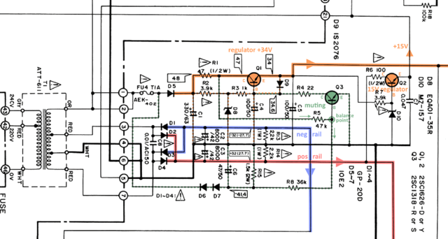 Pioneer SA-508 schematic detail power supply and muting circuit marked