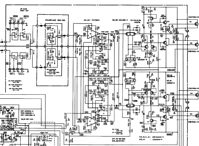 Pioneer SA-608 SA-6800 schematic detail pre and power amp section