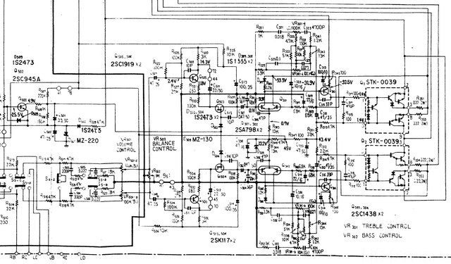 Pioneer SX-680 SX-690 schematic detail power amp section with volume and balance section