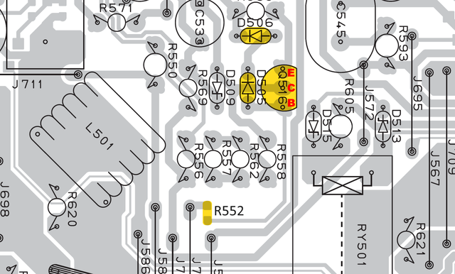 R-840 MCR-840 MAIN PCB layout detail with transistor Q516 and diodes marked