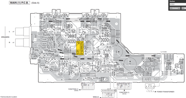 R-840 MCR-840 MAIN PCB layout with speaker relay marked