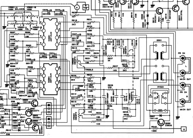 Rotel RA-985BX schematic detail tone amp and pre-out main-in