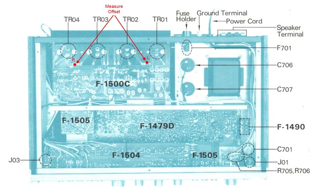 Sansui 771 open inside bottom view with offset measuring points