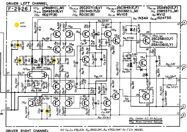 Sansui AU-719 schematic detail power amplifier anti noise capacitors