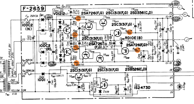 Sansui CA 2000 Schematic Detail Power Supply Regulator Retarding Resistors Marked