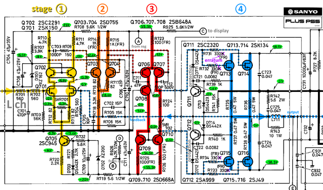 Sanyo Plus P55 schematic detail left power amp stages marked