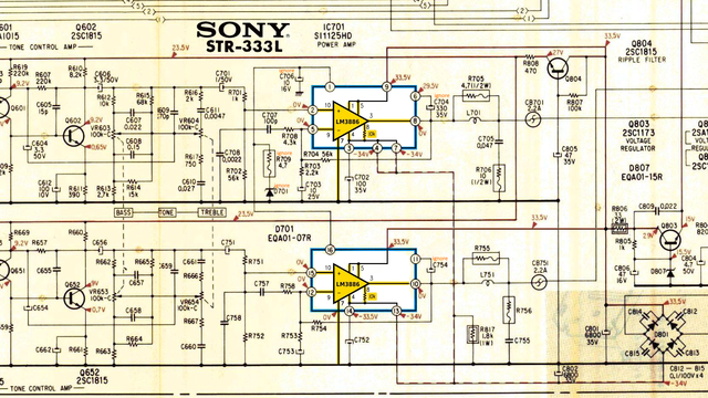 Sony STR-333L schematic detail left and right power amp modified with LM3886