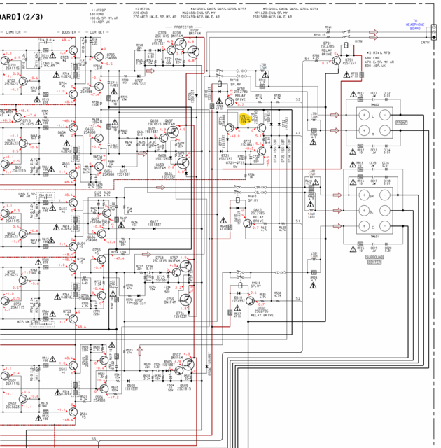 Sony STR-DE375 power amp outputs and protection circuit DC sensor capacitor C721