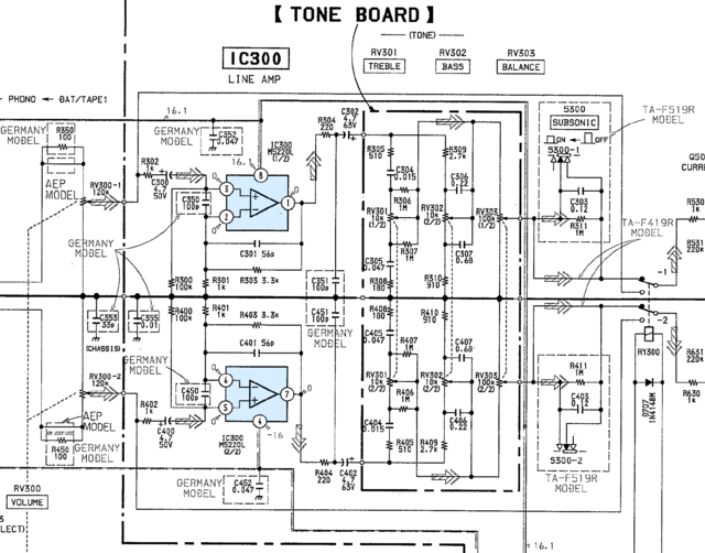 Sony TA-F419R TA-F519R schematic detail line amp and tone control