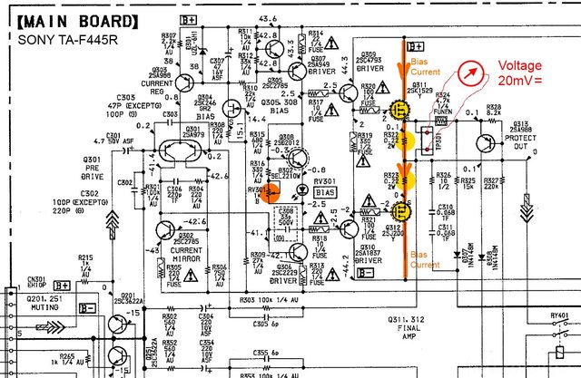 Sony TA-F445R schematic detail idle current adjustment