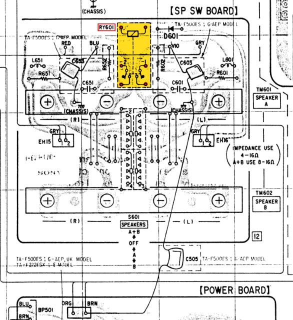 Sony TA-F500ES PCB layout speaker output and relay relais marked