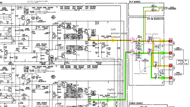 Sony TA-F500ES schematic detail power amp output section protection relay and speaker switches marke