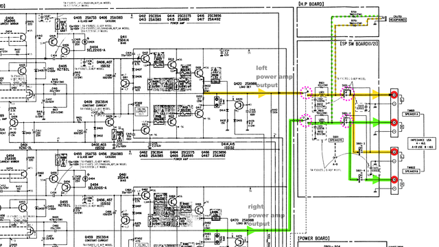 Sony TA F500ES Schematic Detail Power Amp Output Section Protection Relay And Speaker Switches Marke