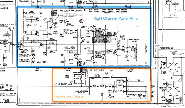 Sony TA-F500ES schematic detail right power amp and protection circuit