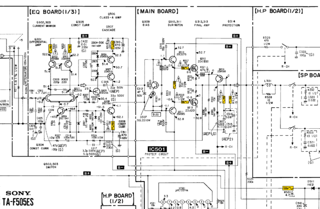 Sony TA-F505ES schematic detail left power amp fuse resistors marked