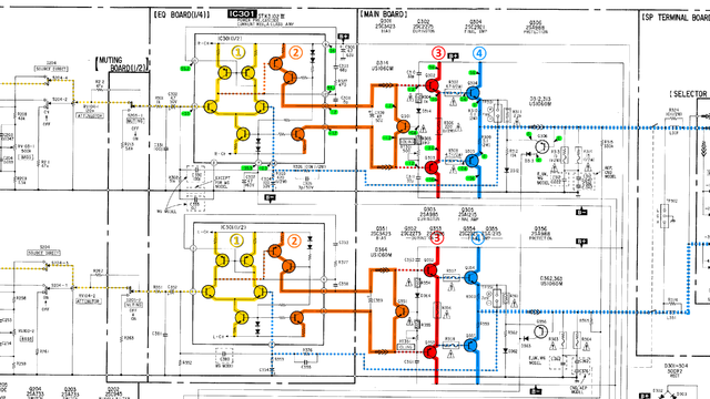 Sony TA-F530ES Schematic Detail Both Power Amp Channels Stages Marked