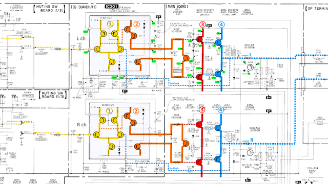 Sony TA-F550ES schematic detail both power amp channels stages marked